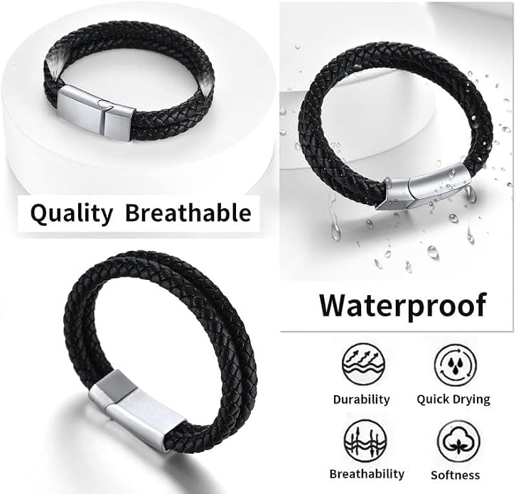 ChainsHouse Mens Wrap Braided Leather Black Bead Bracelets Bangles, Vintage Star of David/Wing Skull/Templar Cross Genuine Leather Bracelet, Customize Available, Size 7.5/8.3/9.0 Inch, Send Gift Box