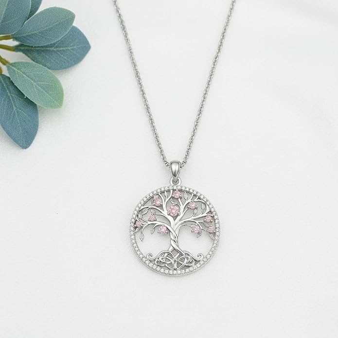 ONEFINITY Tree of Life Necklace 18k White Gold Plated Tree of Life Birthstone Pendant Necklace Birthstone Jewelry Anniversary Birthday Gifts for Women Men
