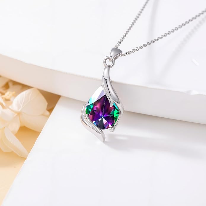 HPQQ Birthstone Necklace for Women 925 Sterling Silver Teardrop Pendant Fine Jewelry Birthday Mothers Day Gifts for Women Mom Her