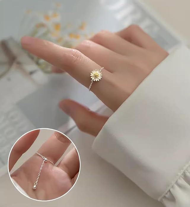 Cute Daisy Flower Chain Tassel Ring for Women 925 Sterling Silver Floral Link Tiny Bead Ball Dangle Adjustable Stacking Statement Finger Bands Promise Eternity Rings Dainty Birthday Jewelry Gifts for Mom