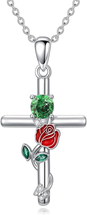 Birthstone Cross Necklace 925 Sterling Silver Rose with Butterfly Birthstone Cross Pendant Necklace Jewelry Gifts for Women Birthday Christmas