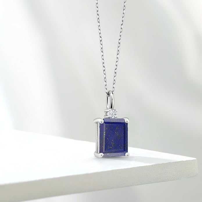 Gem Stone King 925 Sterling Silver Gemstone Birthstone Pendant Necklace for Women | Emerald Cut 10X8MM and Round 2MM | With 18 Inch Chain | Fine Jewelry for Her Mom Wife
