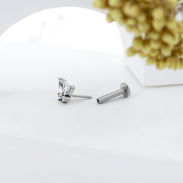 1Pcs 14K Yellow/White Gold Cartilage Earring for Women, 16G Threadless Flat Back Top Push in, Butterfly Tragus Helix Labret Lip Stud Piercing Jewelry