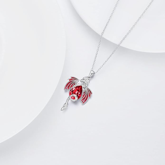 Dragon Necklace for Men Sterling Silver Birthstone Wyvern Necklace Embllished with Teardrop Shaped Crystal Jewelry for Women