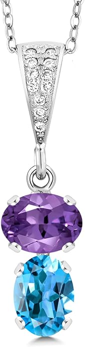 Gem Stone King 2-Stone Gemstone Birthstone Pendant Necklace for Women in 925 Sterling Silver | Oval 8x6MM | 18 Inch Silver Chain | Fine Jewelry for Her Mom Wife