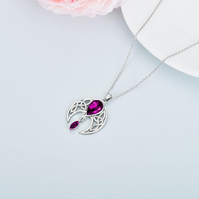 AOBOCO Sterling Silver Celtic Crescent Moon Goddess Pendant Irish Good Luck Necklace with Birthstone Crystal, Celtic Moon Jewelry Gift for Women Mom Wife