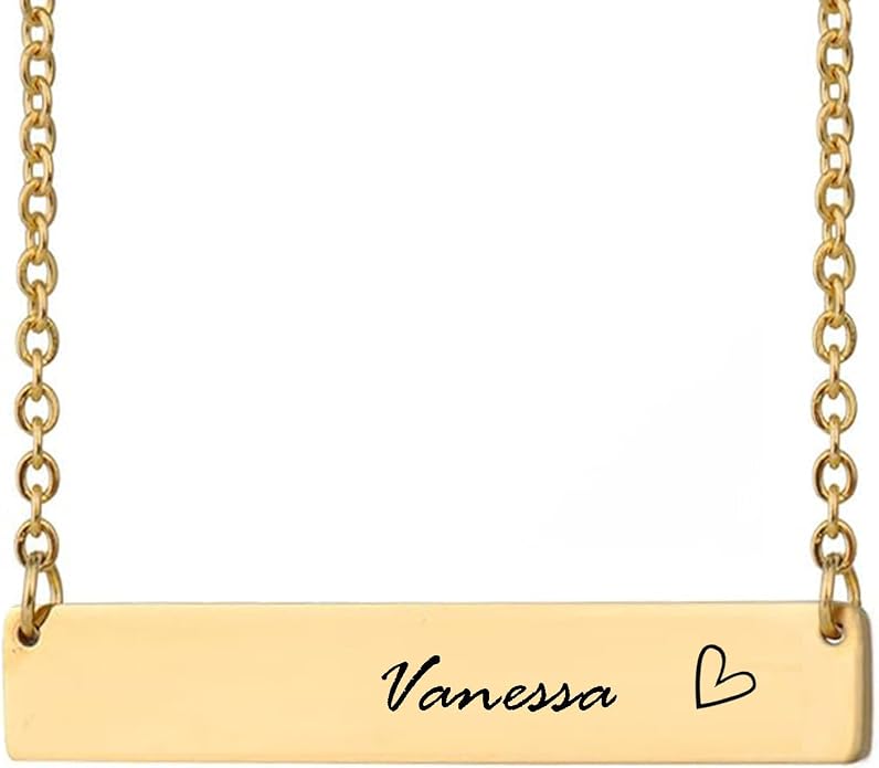 HUAN XUN Custom Bar Necklace Personalized Engraved Name Bar Necklace for Women Customized Stainless Steel Heart Pendant Bar Jewelry Gift for Her Mother Day Christmas