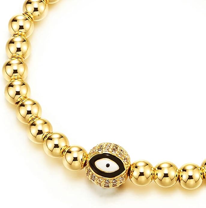 COOLSTEELANDBEYOND Beads Bracelet for Women Men with Cubic Zirconia Protection Evil Eye
