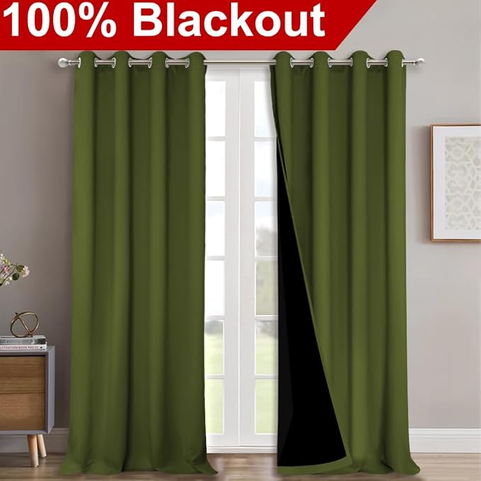 NICETOWN 100% Blackout Curtains for Windows, Pack of 2, Olive Green, 52" W x 102" L, Super Heavy-Duty Black Lined Total Darkness Drapes for Bedroom, Privacy Assured Window Treatment for Patio