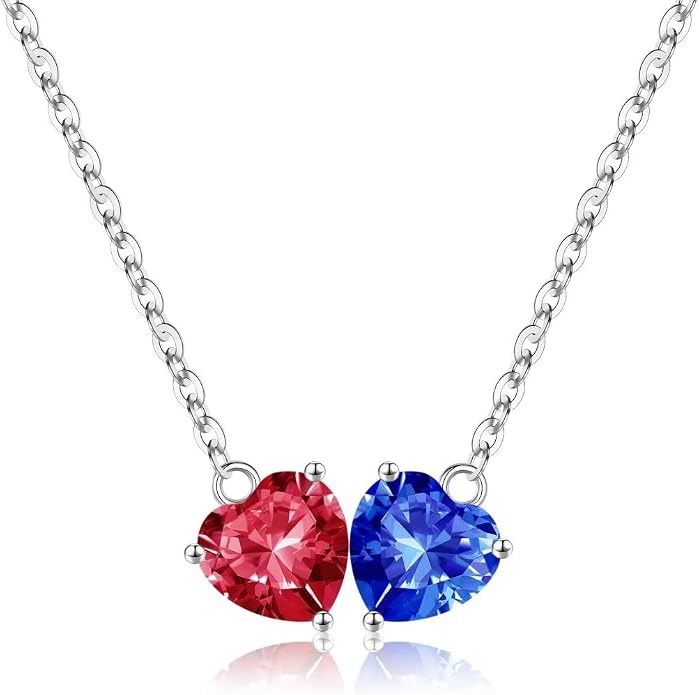 Iefil 1.25Ct Double Heart Birthstone Necklace - 925 Sterling Silver Birthstone Necklace, Birthday Gifts for Women, Jewelry Gifts for Mom Daughter Wife