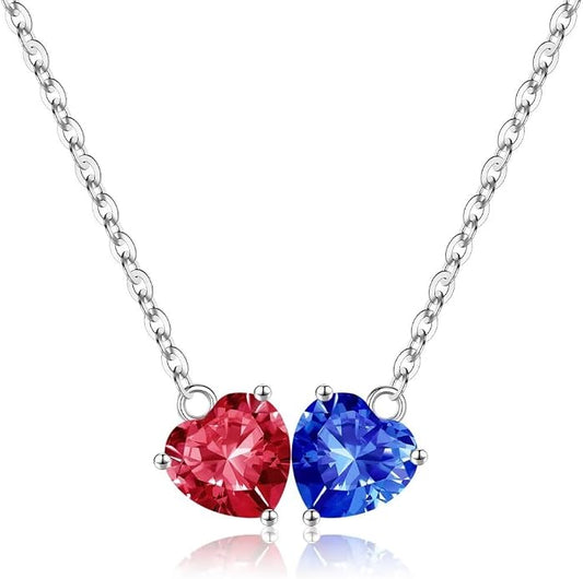 Iefil 1.25Ct Double Heart Birthstone Necklace - 925 Sterling Silver Birthstone Necklace, Birthday Gifts for Women, Jewelry Gifts for Mom Daughter Wife