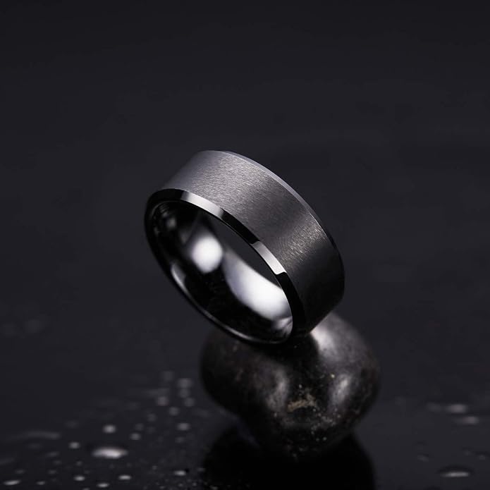 King Will Tungsten Men's Wedding Ring - Available in 6mm to 10mm, Black/Silver, Matte Finish, Beveled Polished Edge, Comfort Fit