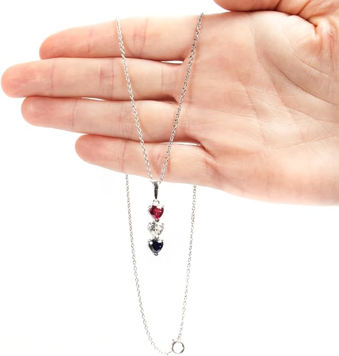 Silver Smile Sterling Silver 3 Birthstone Pendant for Women – Lab-Grown Ruby, White & Blue Gemstones – Hypoallergenic & Tarnish Resistant – 925 Rhodium-Plated Pendant – Elegant Patriotic Gift for Her