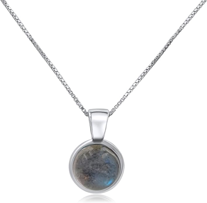 Natural gemstone 8mm round pendant with white gold over 925 sterling silver bezel cabochon plate and box chain, real genuine dainty birthstone gift for her, uniquelan jewelry
