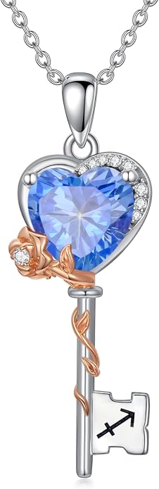 OCJ Zodiac Necklace for Women 925 Sterling Silver Rose Flower Key Pendant Necklaces Zodiac Birthstone Jewelry Wife Birthday Anniversary Christmas Gifts for Her