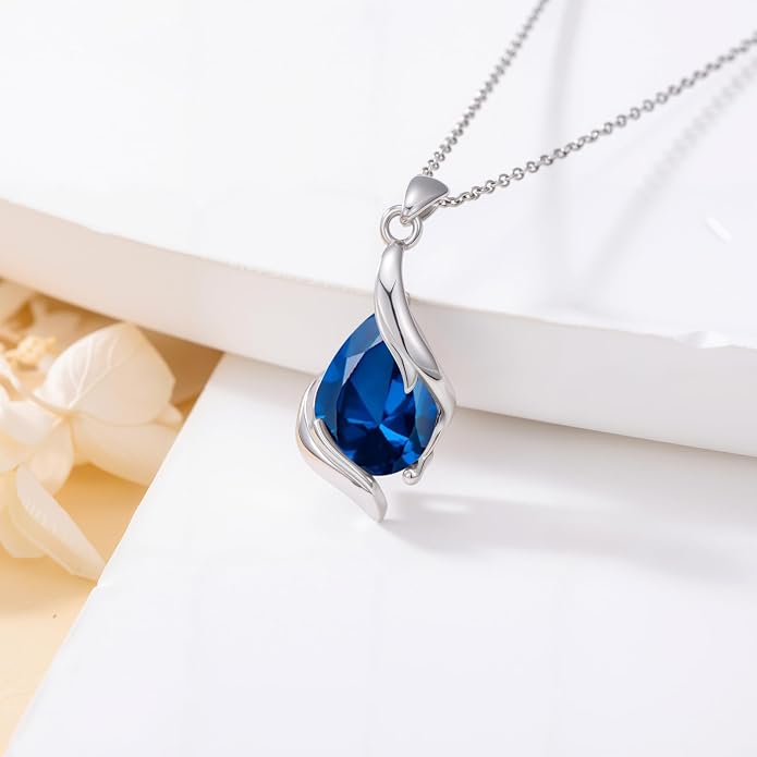 HPQQ Birthstone Necklace for Women 925 Sterling Silver Teardrop Pendant Fine Jewelry Birthday Mothers Day Gifts for Women Mom Her