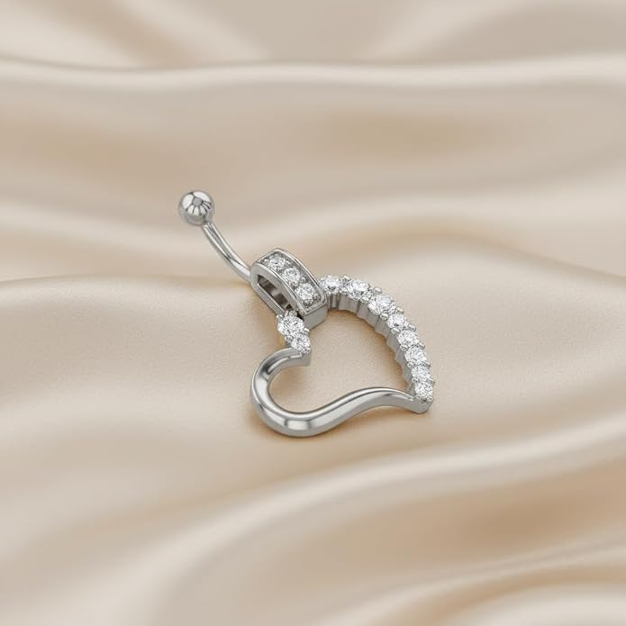 AFFY Women's Heart Charm Belly Ring with Round White Cubic Zirconia in 14K Gold Plated 925 Sterling Silver, Dangle Navel Piercing Jewelry for Her