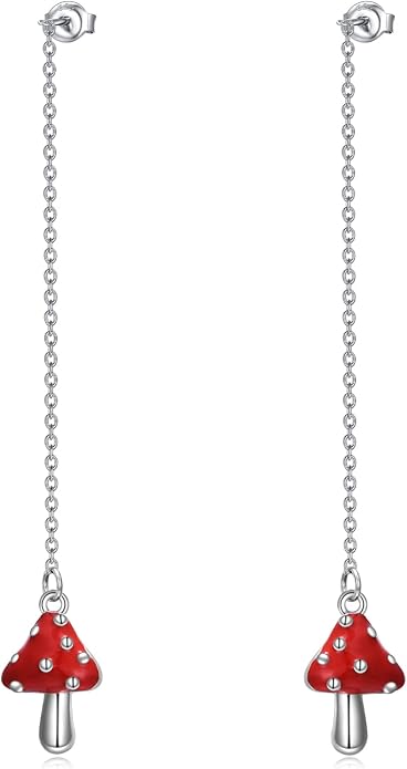 TIGERRIDER Mushroom/Daisy Flower Threader Earrings for Women Sterling Silver Mushroom Through Long Chains Earrings Jewelry Birthday Gifts