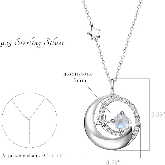 FANCIME Birthstone Necklaces 925 Sterling Silver Moon and Star Pendant Fine Jewelry Birthday Mothers Day Gifts for Mom Wife Her Daughter, Adjustable Chain 16+2"