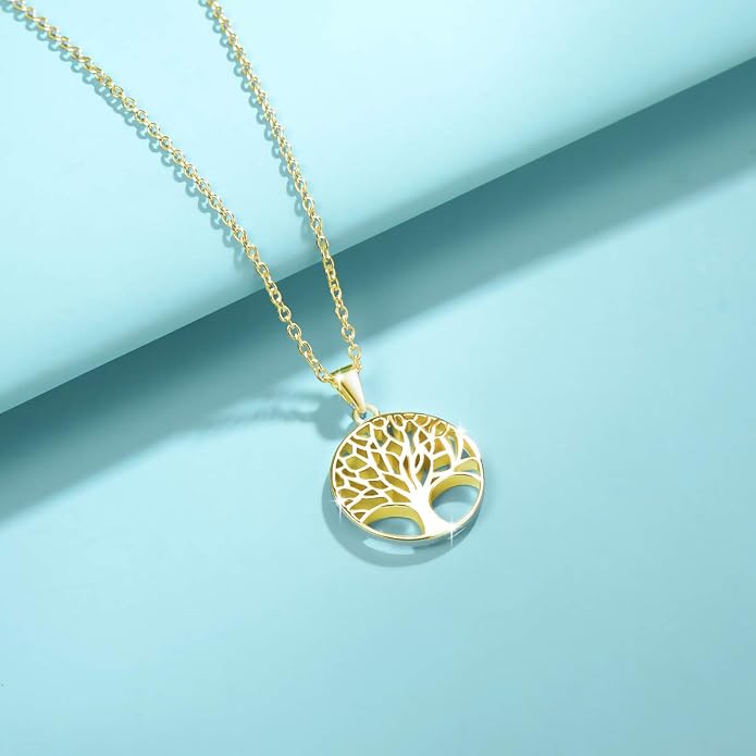 AGVANA Gold Plated Sterling Silver Tree of Life Pendant Necklace Earrings for Women Dainty Family Tree Jewelry for Her Anniversary Birthday Gifts for Mom Wife Lover Grandma Her, 16+2 Inches