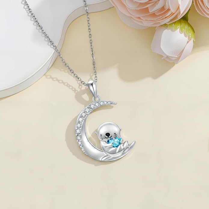 PROESS Animal Birthstone Necklace 925 Sterling Silver Otter/Axolotl/Hippo/Elephant/Dachshund/Monkey/Red Panda Pendant Necklace Animal Birthstone Jewelry Gifts for Women
