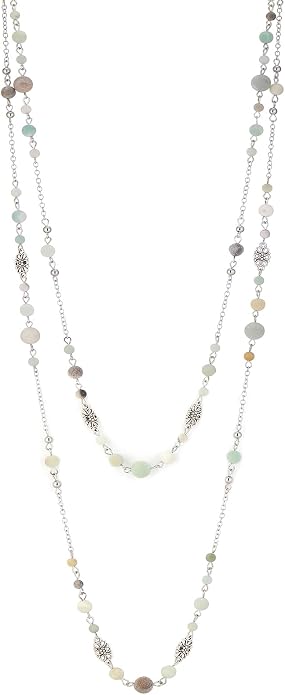 Long Beaded Silver Necklaces for Women Layered Long Statement Necklace with Stone Pearl Beads Double Sweater Chain Costume Jewelry for Women