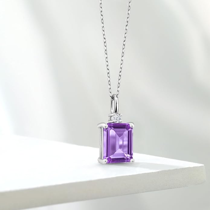 Gem Stone King 925 Sterling Silver Gemstone Birthstone Pendant Necklace for Women | Emerald Cut 10X8MM and Round 2MM | With 18 Inch Chain | Fine Jewelry for Her Mom Wife