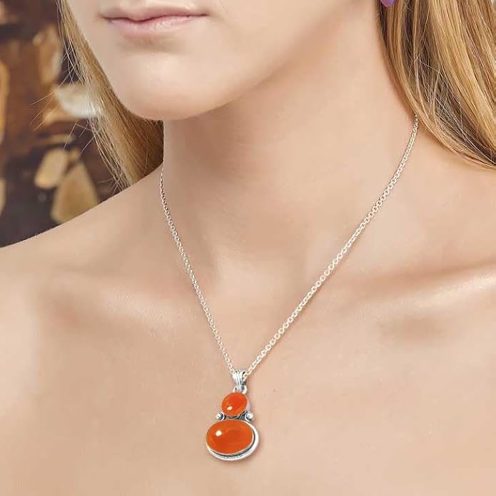 Handmade Genuine 925 Sterling Silver Pendant Necklace Natural Gemstone Crystal, Lapis, Onyx, Amber Oval Round Boho Jewelry For Women