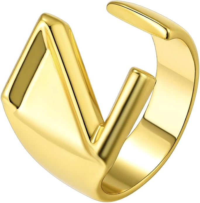 Suplight Nikel Free 18K Gold Plated Letter Rings, Fashion Monogram Jewelry Statement A-Z Wide Name Initial Alphabet Adjustable Open Ring for Women