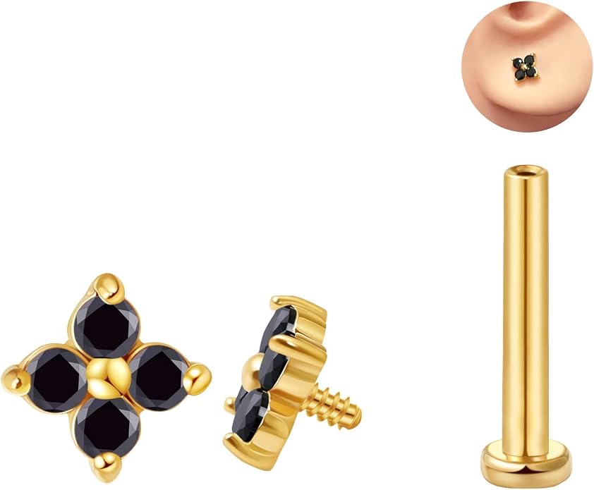 FANSING CZ Flower Internally Threaded Flat Back Earring Labret Stud for Cartilage Tragus Helix Conch