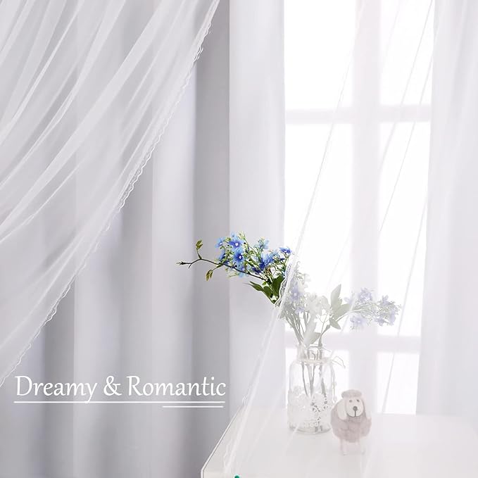 Greyish White Blackout Curtains Set - Double Layers Voile Sheer Light Blocking Draperies with Tie-Backs for Bedroom Windows, 52 x 63 inches, Greyish White, 2 Pieces