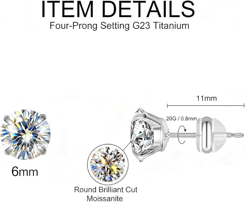 VOJO G23 Titanium Moissanite Stud Earrings, Hypoallergenic Earrings for Women & Men