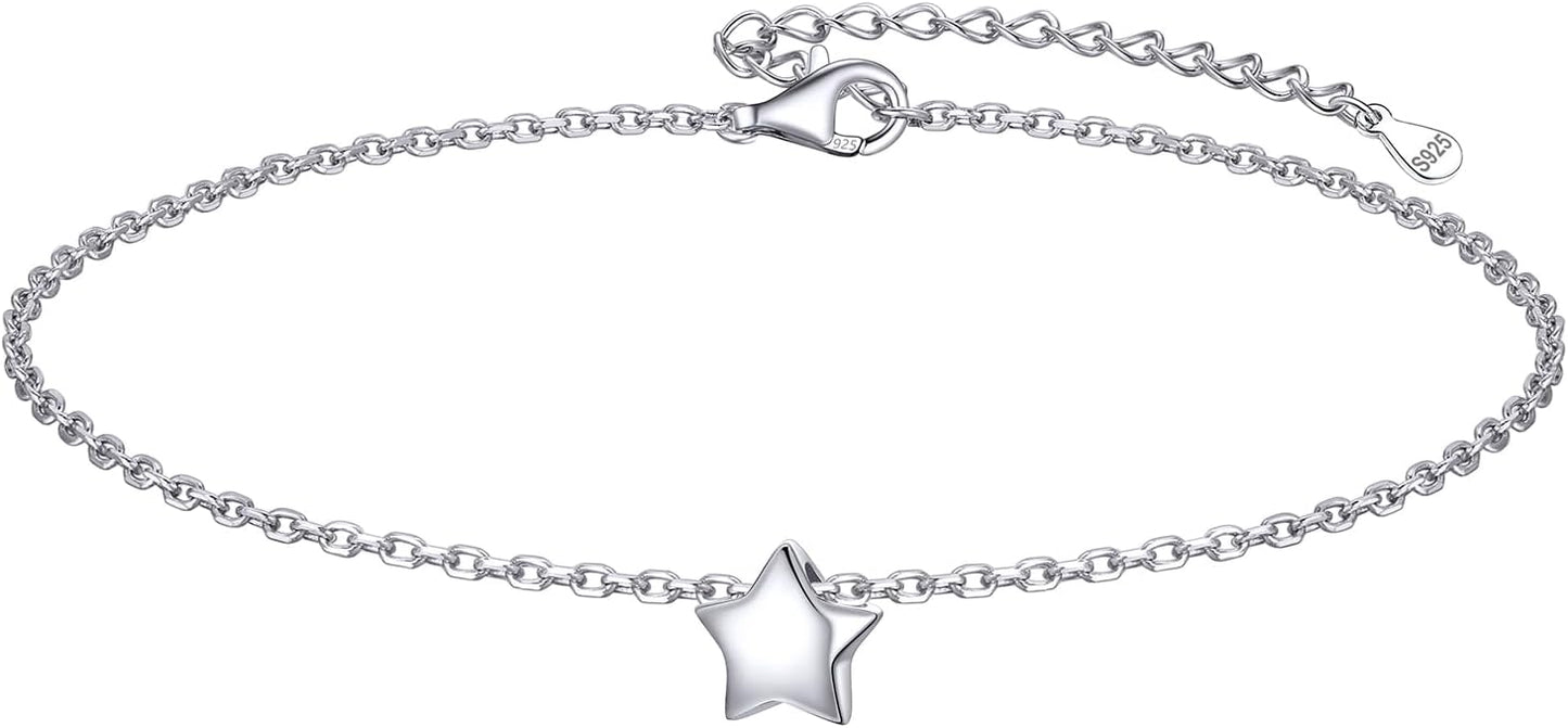 ChicSilver Personalized 925 Sterling Silver Tiny Heart/Moon/Star/Sun/Dot/Triangle Anklets Simple Dainty Foot Jewelry for Women, Silver/Gold Plated/Rose Gold Plated