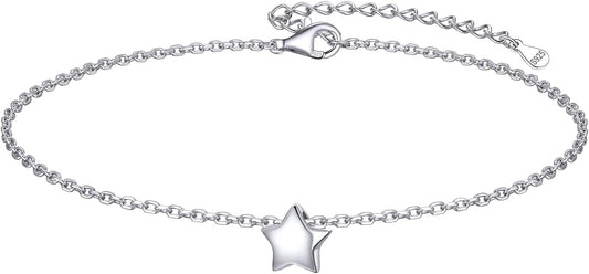 ChicSilver Personalized 925 Sterling Silver Tiny Heart/Moon/Star/Sun/Dot/Triangle Anklets Simple Dainty Foot Jewelry for Women, Silver/Gold Plated/Rose Gold Plated