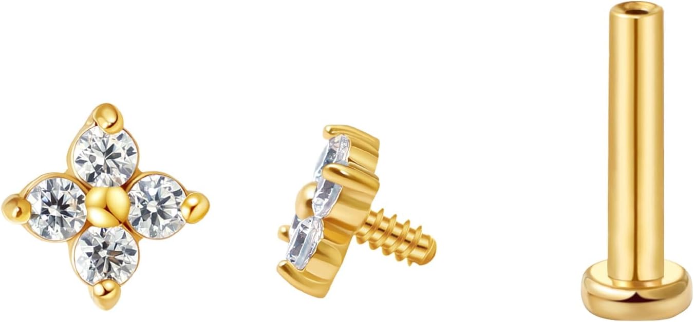 FANSING CZ Flower Internally Threaded Flat Back Earring Labret Stud for Cartilage Tragus Helix Conch