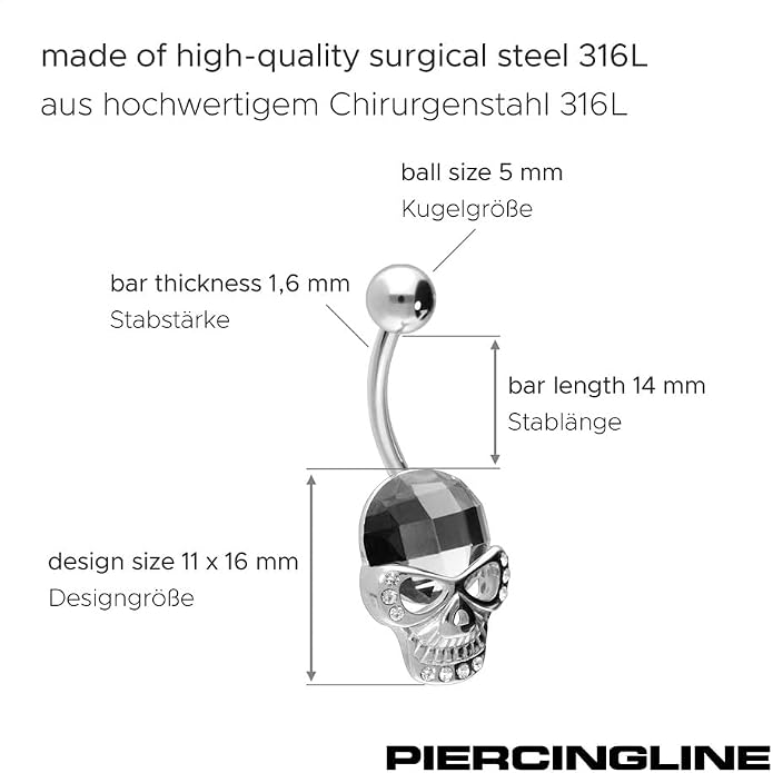 PIERCINGLINE surgical steel Skull - belly button ring surgical steel piercing - new version with improved durability