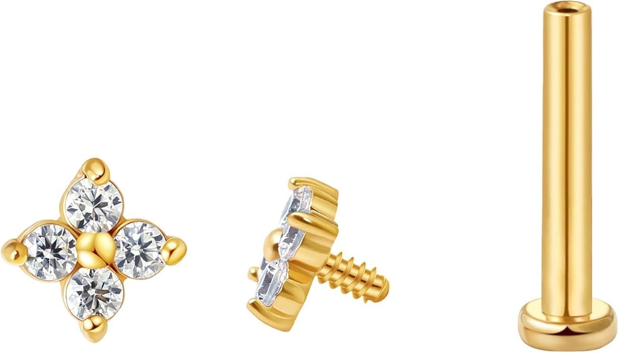 FANSING CZ Flower Internally Threaded Flat Back Earring Labret Stud for Cartilage Tragus Helix Conch