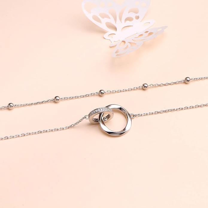 Layered Choker Necklaces for Women S925 Sterling Silver Circle/Heart/Cross/Star Multi Layered Necklace Handmade Bead Chain Adjustable Jewelry for Birthday