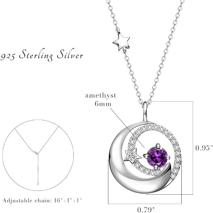 FANCIME Birthstone Necklaces 925 Sterling Silver Moon and Star Pendant Fine Jewelry Birthday Mothers Day Gifts for Mom Wife Her Daughter, Adjustable Chain 16+2"