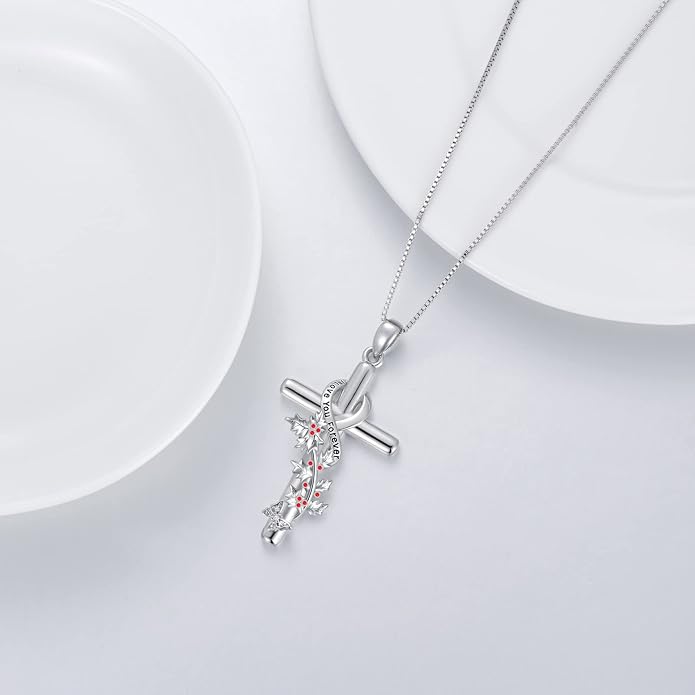 Cross Necklace for Women 925 Sterling Silver I Love You Necklace Religious Jewelry with Gift Box for Mother Daughter