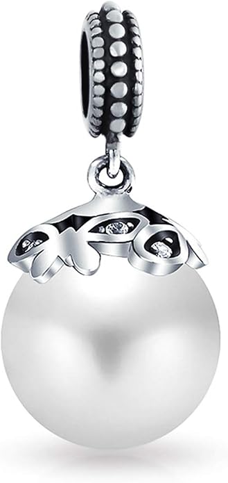 Bling Jewelry .925 Sterling Silver Bali Style Filigree Cap White Faux Pearl Heart Dangle Charm Bead For Women Teen Oxidized June Birthstone for Bracelet