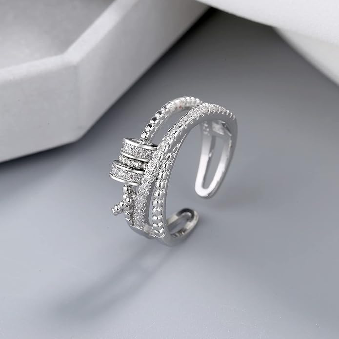 2pcs Fidget Band With Beads Spinner Rings for Women,Anti Anxiety Ring Stainless Steel Ring Sand Blast Finish.Unisex Adjustable Stacking Worry Ring