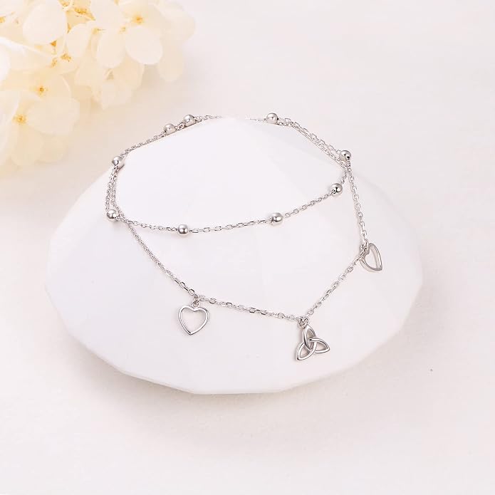 Anklet for Women S925 Sterling Silver Beach Style Foot Layered Adjustable Ankle Bracelet Disc Evil Eye Heart Infinity Bead Cross Jewelry