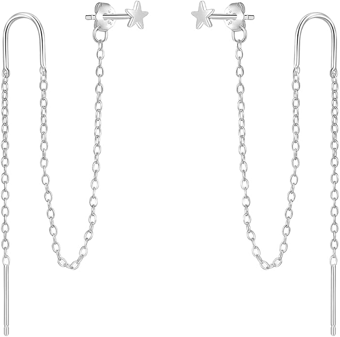 Sterling Silver Threader Chain Earrings for Women Girls Long Chains Tassel Dangle Drop Double Piercing Studs Earring Hypoallergenic Cute Birthday Holiday Travel Accessories Jewelry Gifts