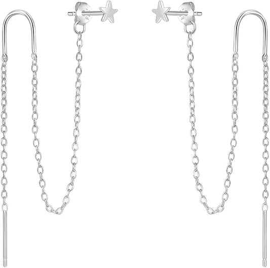 Sterling Silver Threader Chain Earrings for Women Girls Long Chains Tassel Dangle Drop Double Piercing Studs Earring Hypoallergenic Cute Birthday Holiday Travel Accessories Jewelry Gifts