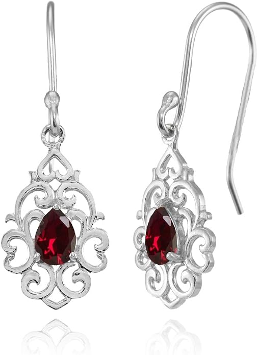 Sterling Silver Genuine or Created Gemstone Filigree Heart Teardrop Dangle Earrings