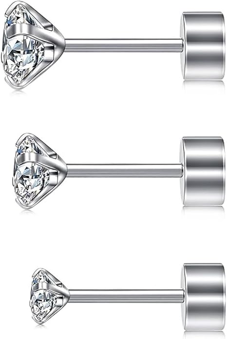 20G Hypoallergenic G23 Titanium Cubic Zirconia Silver Flat Back Earrings for Women and Men,Nickel-Free and Lead-Free Medical Waterproof Studs,Cartilage Stud Earrings for Sensitive Ears,Fashion Piercing Jewelry for Sensitive Skin