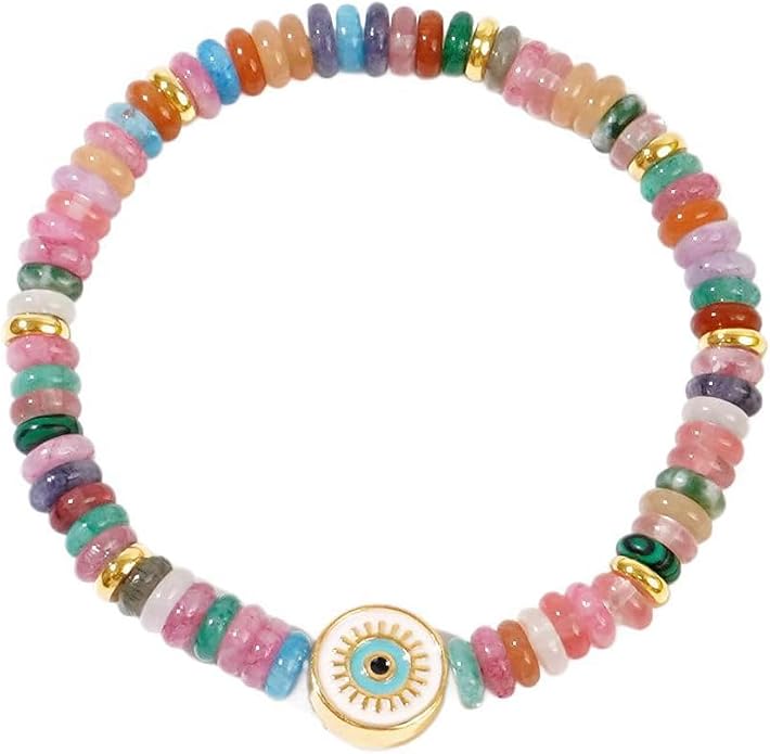 Evil Eye Bracelets For Women, Boho Colorful Gemstone Beaded Enamel Bracelet Charm Natural Stone Summer Beach Lucky Jewelry Gift