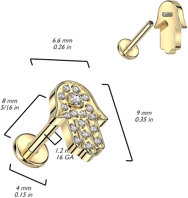 Pierced Owl 16GA F136 Implant Grade Titanium Internally Threaded CZ Crystal Paved Hamsa Top Flat Back Labret Stud