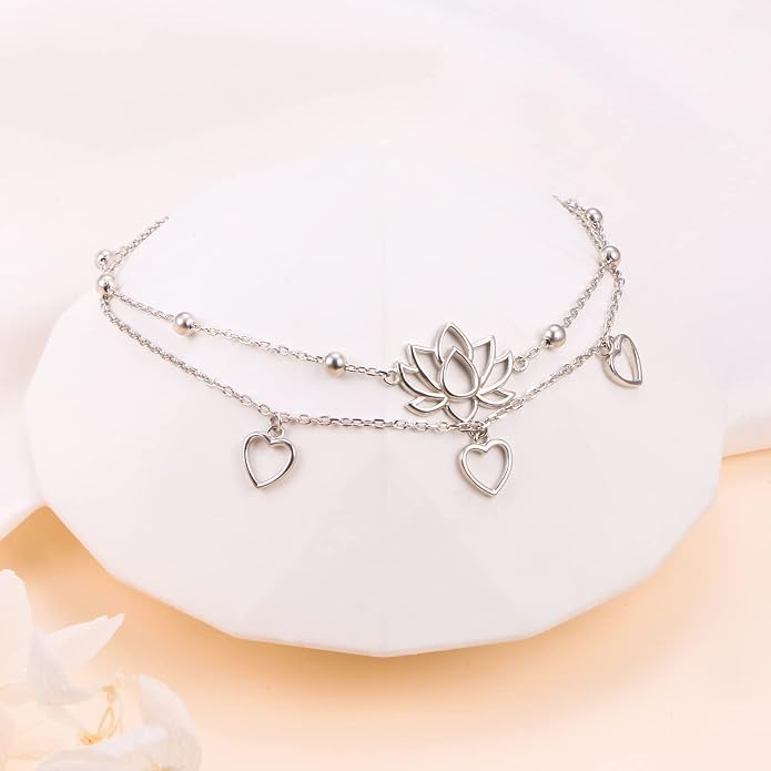Flyow Anklet for Women S925 Sterling Silver Adjustable Foot Beaded Heart Charm Ankle Bracelet Anklets Jewelry